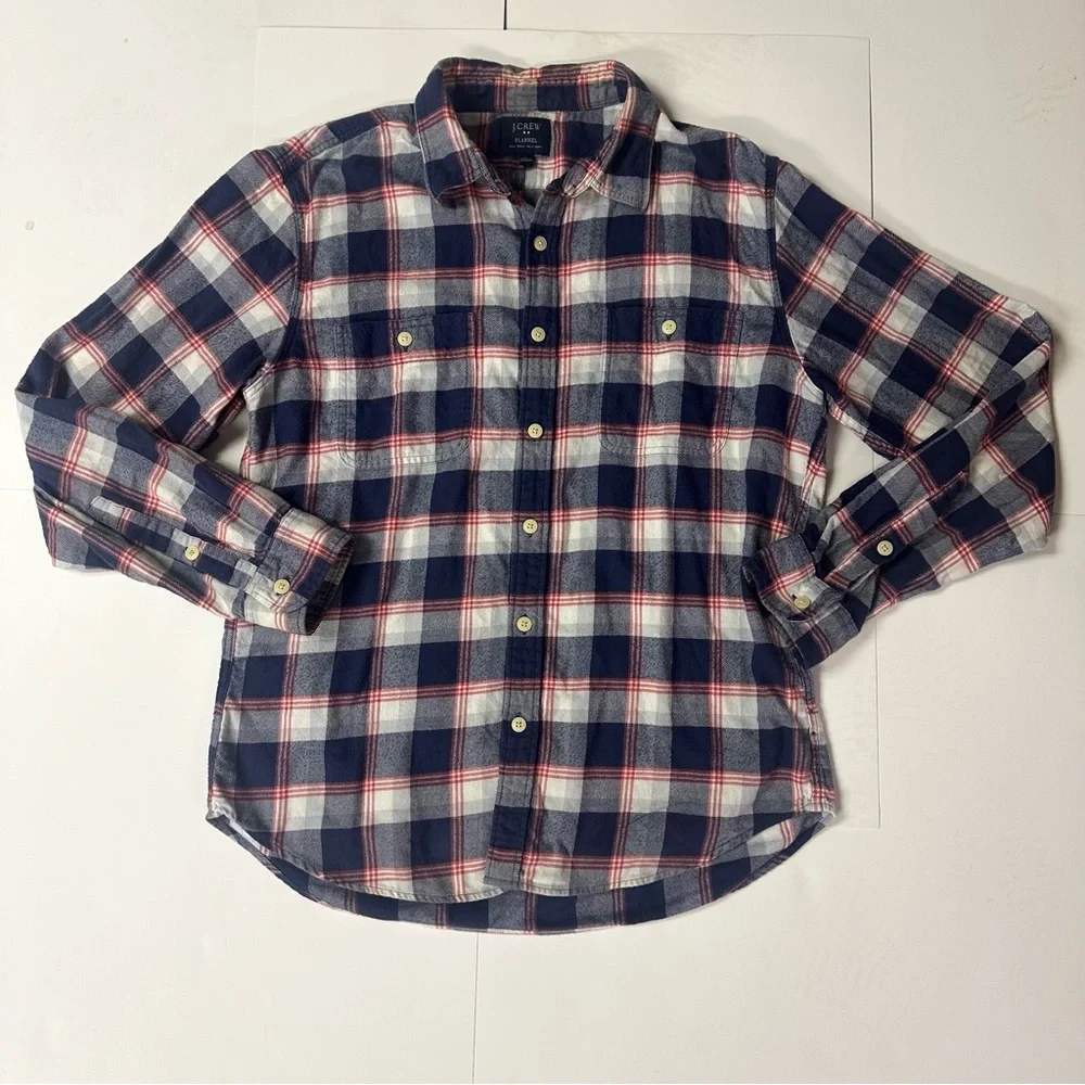 J. Crew Men's Navy and Red Plaid Button Down Flannel Shirt, L